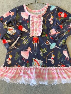 Sugar & Bee Navy Nutcracker Ballet Ruffle Dress with Pink Gingham